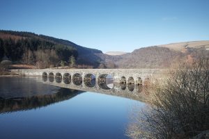 Caban-coch Reservoir and bridge to the Claerwen Valley Powys Wales United Kingdom