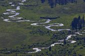 Telephoto view of river running through West Horseshoe Park Rocky Mountain National Park Colorado USA June 2015