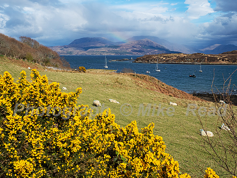 Sailing boats in Loch na Dal with mountains and a rainbow beyond, Sleat Peninsula, Isle ofSkye, Inner Hebrides, Argyll, Highland, Scotland, UK, April 2021